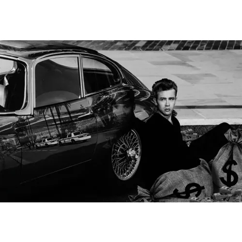 James Dean de Rebel met auto B&W 80x120x2cm