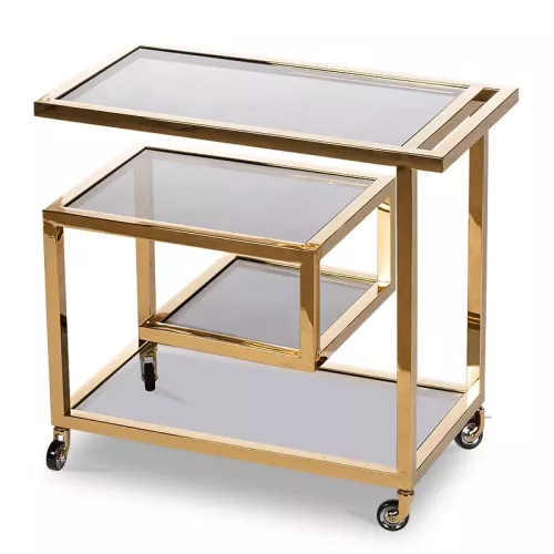Bar Trolley Brodie goudkleurig 83x42x78cm met zwart glas